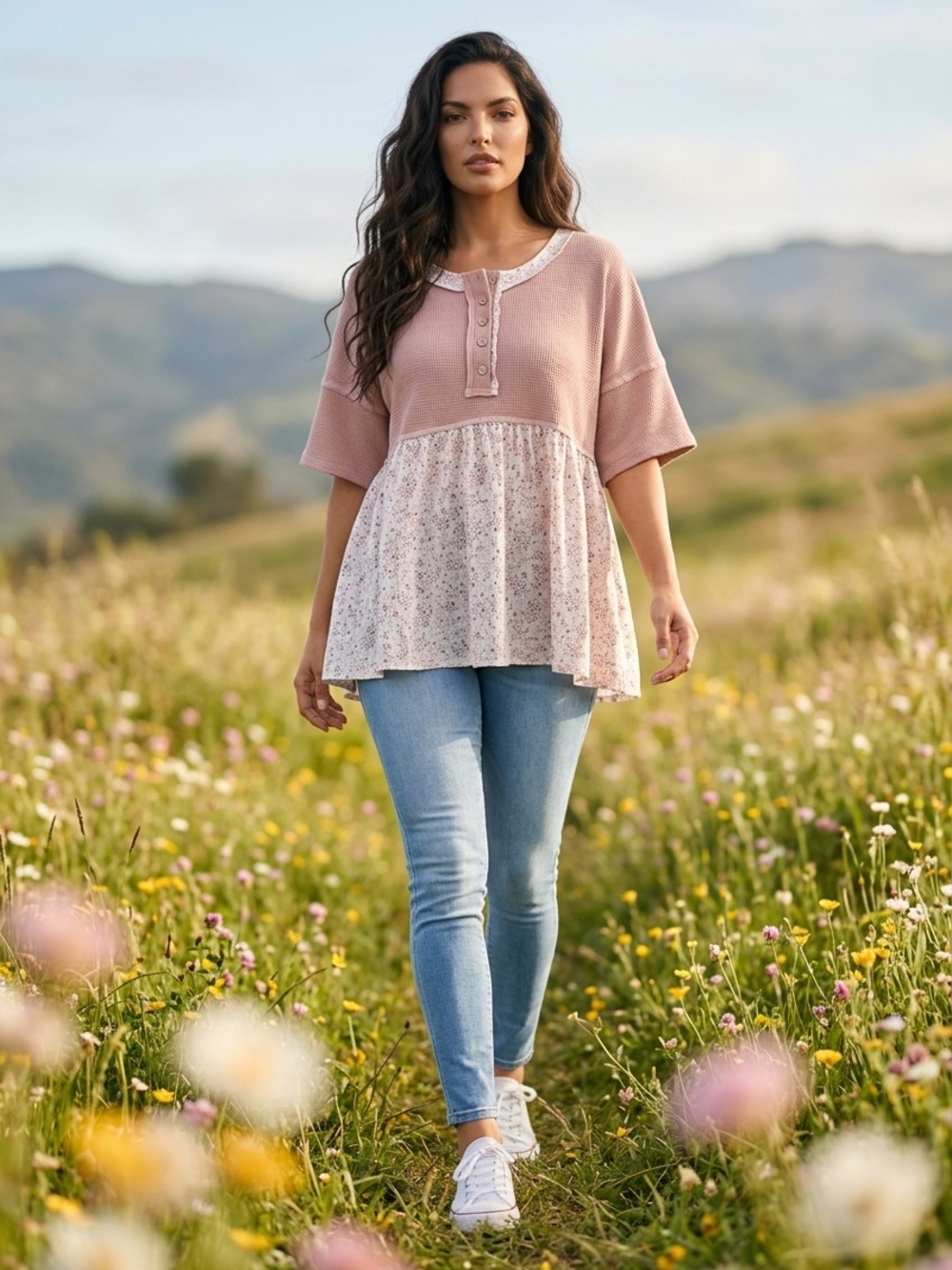 Waffle Knit Pink Mixed-Print Peplum Top - Picture 12 of 12